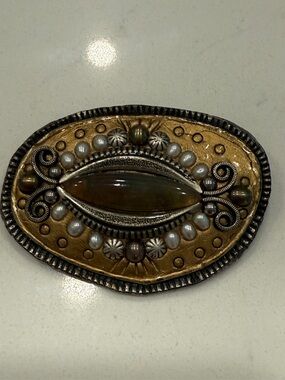 Vintage Michal Golan Signed Brooch Mixed Metal & Gem Pin Brooch